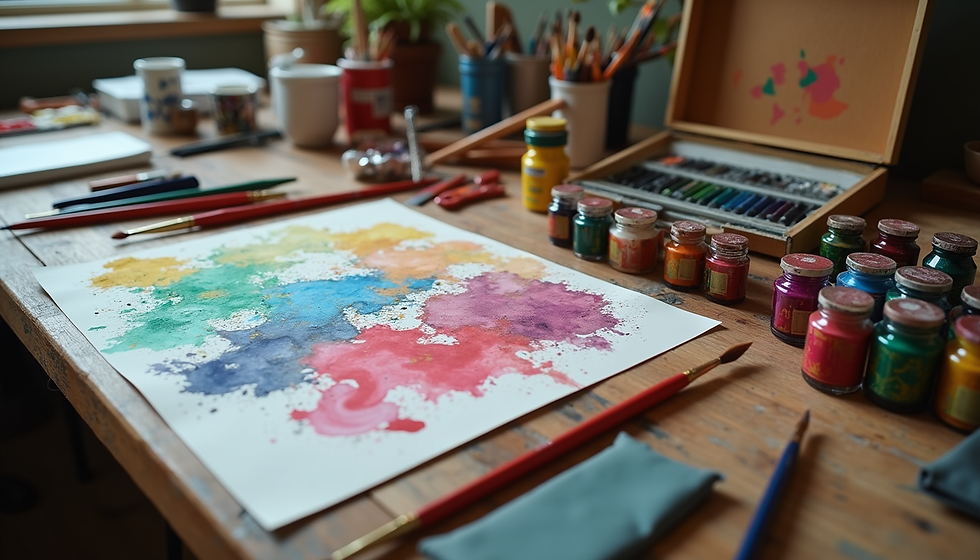 Art supplies on a wooden desk include colorful paints, brushes, and a watercolor painting. A plant and cups are in the background.