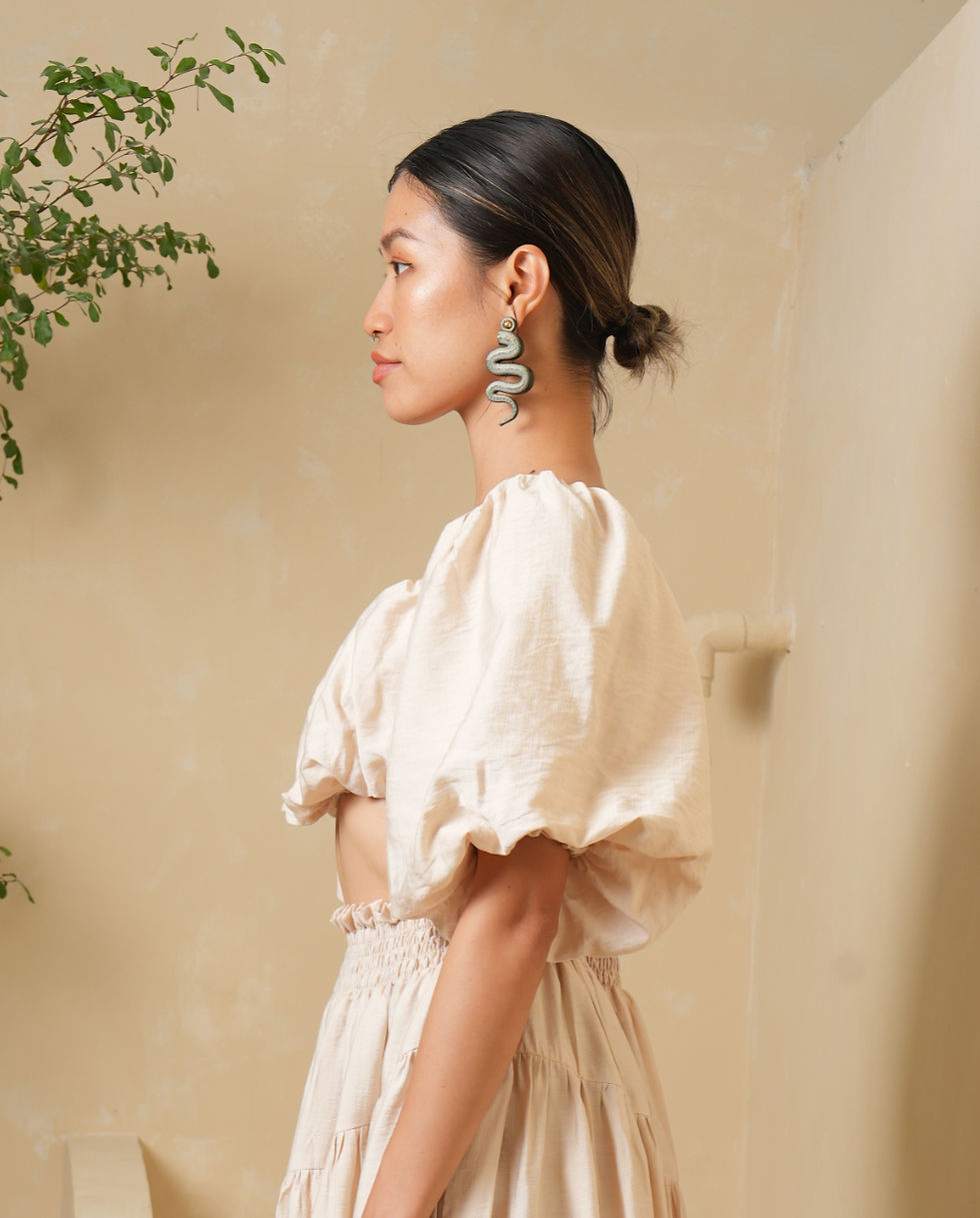 Thumbnail: Side view of Myrto puff sleeve crop top in ivory cotton-silk fabric