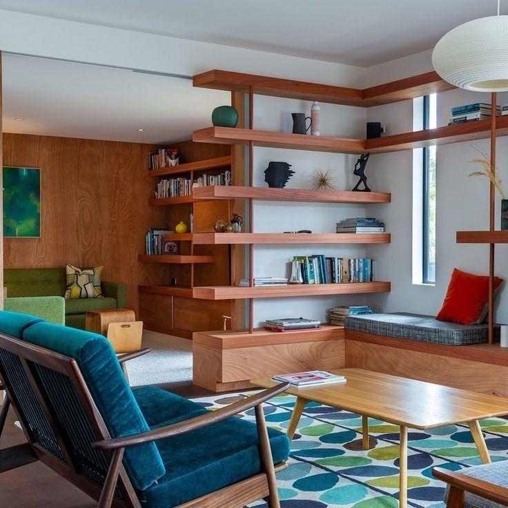 Eye-level view of a living room with vintage armchair and retro lamp