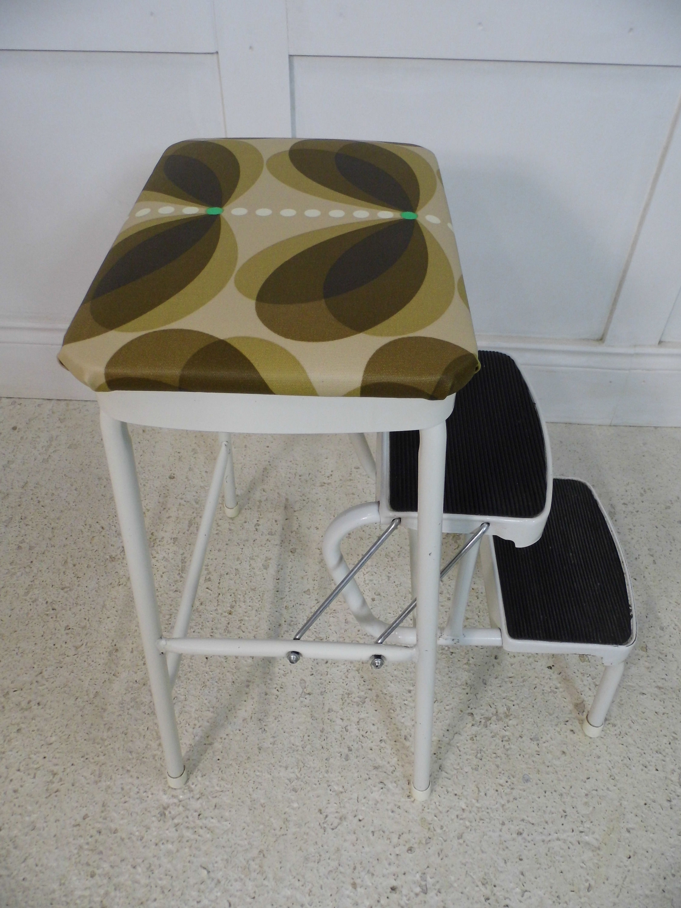 Vintage Retro Tubular Kitchen Step Stool Orla Kiely seat pad 1970s
