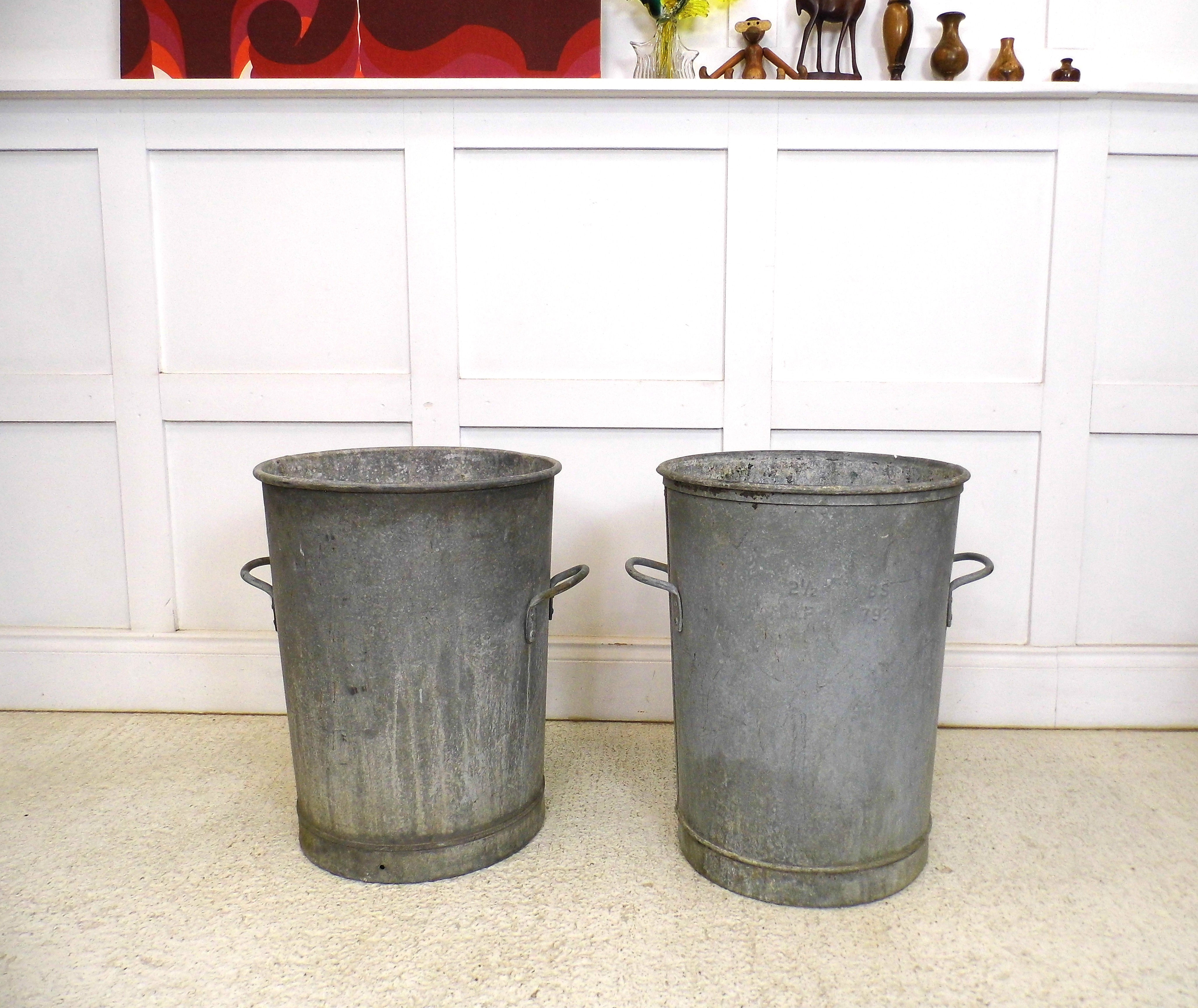 Pair of Vintage 20thCentury galvanized metal Bin Tree Planters zinc patina 1960s