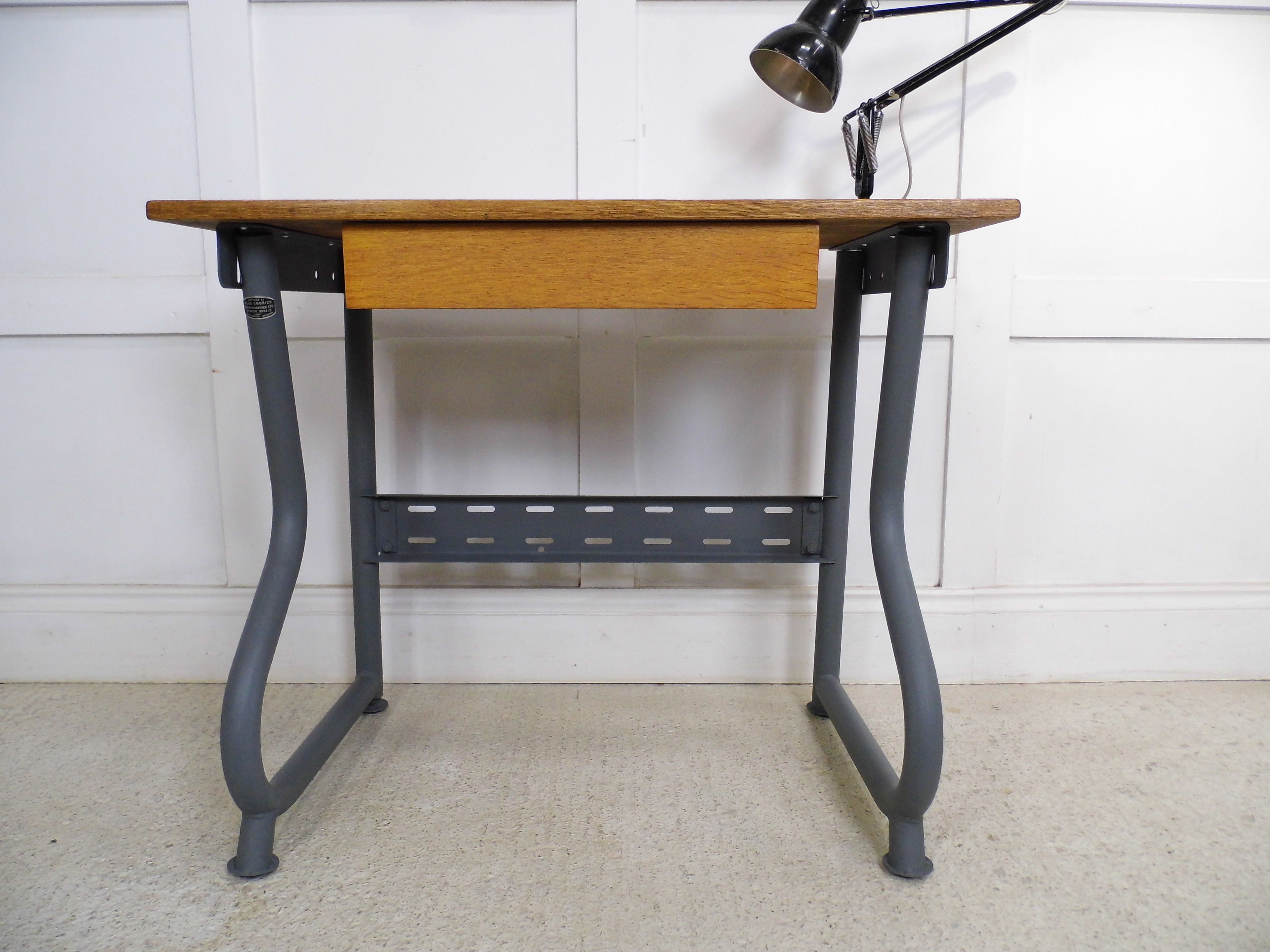 Vintage Industrial chic Tubular metal and Oak singer Sewing Table DESK 1950s