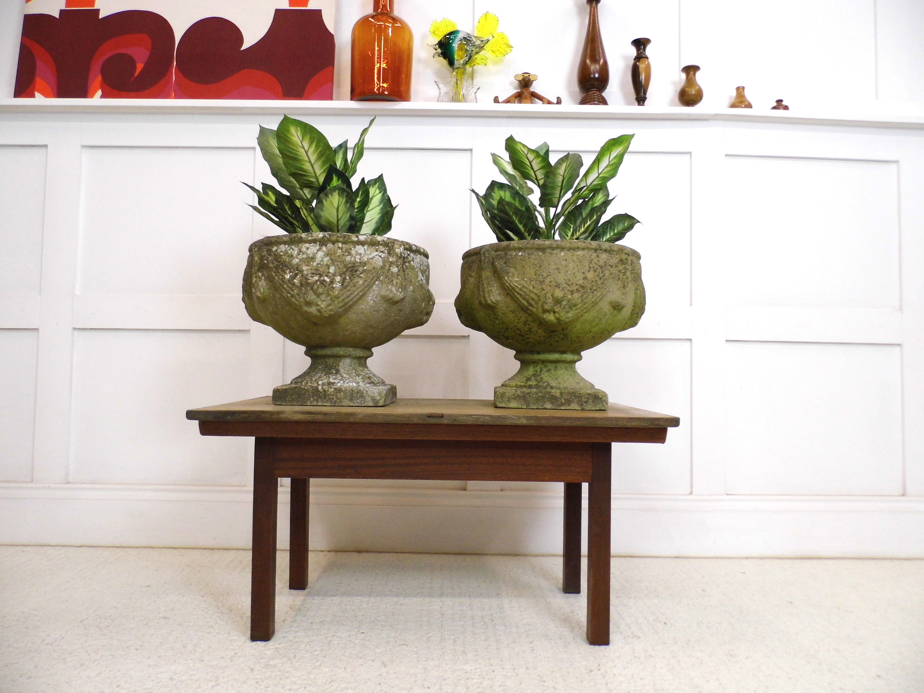 Pair of Vintage Cast Lime Stone Garden Urns Planters shop display interiors