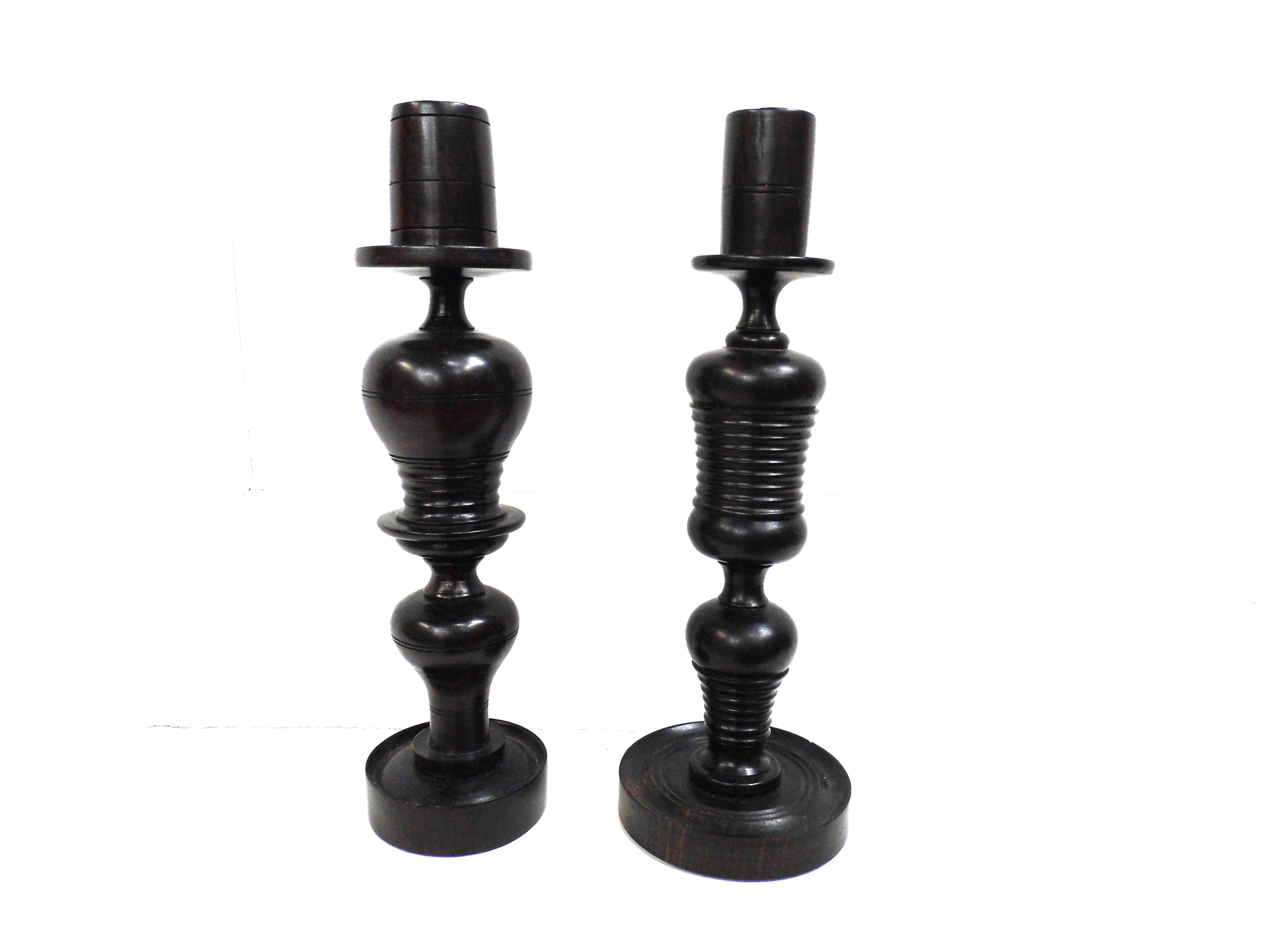 Antique Edwardian Ebony Turned Anglo Indian candlesticks  1900c