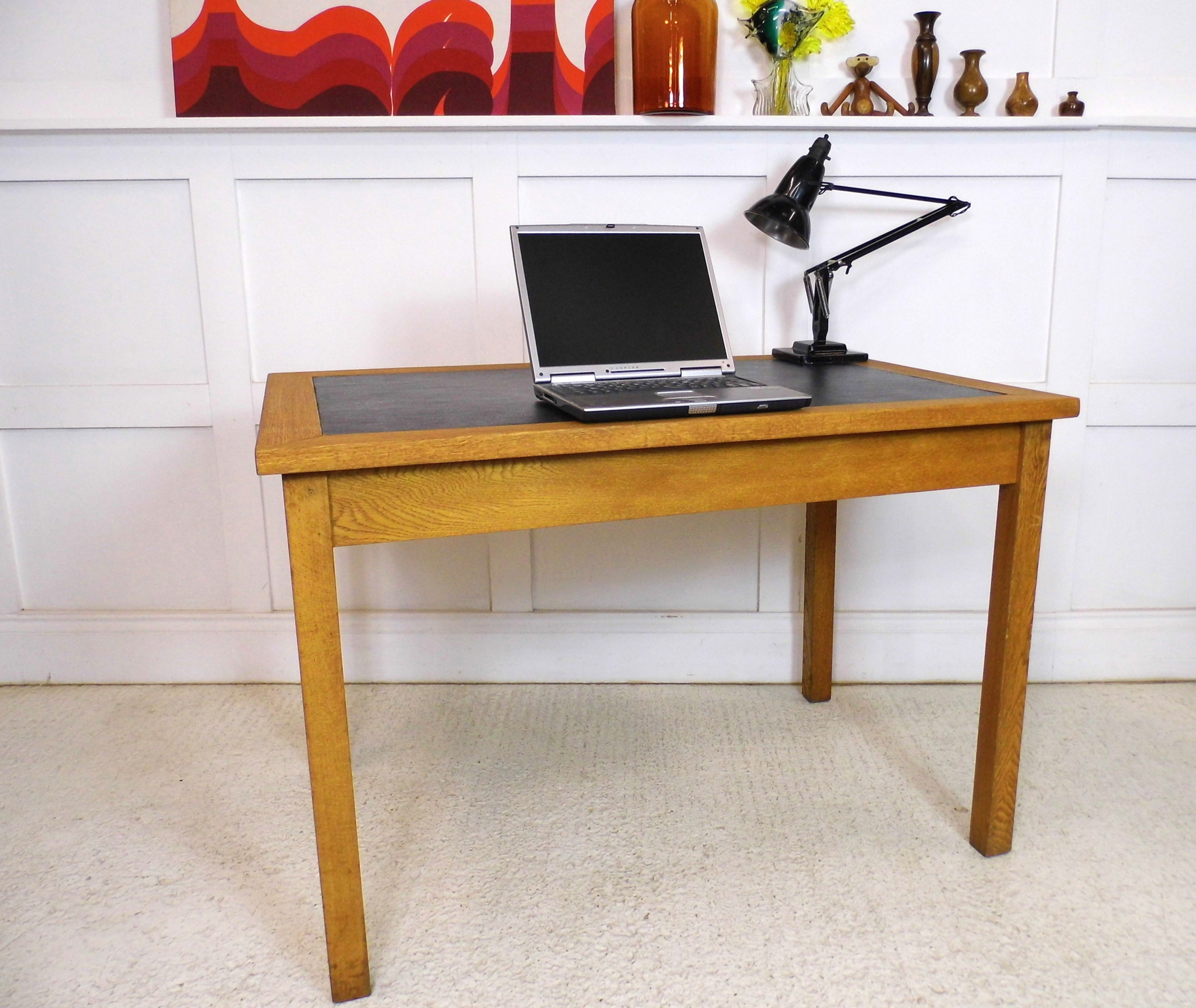 Vintage ex Air Ministry oak leather library table vintage desk 1950s