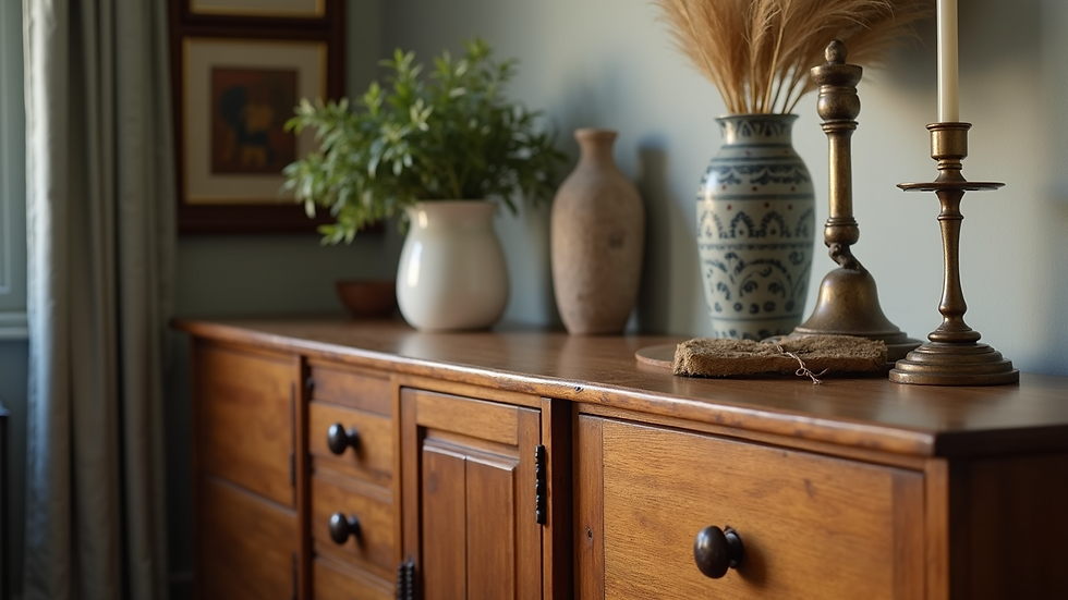 Close-up of a vintage wooden sideboard with decorative items