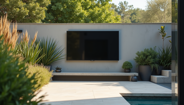 Eye-level view of outdoor television mounted on patio wall with garden background