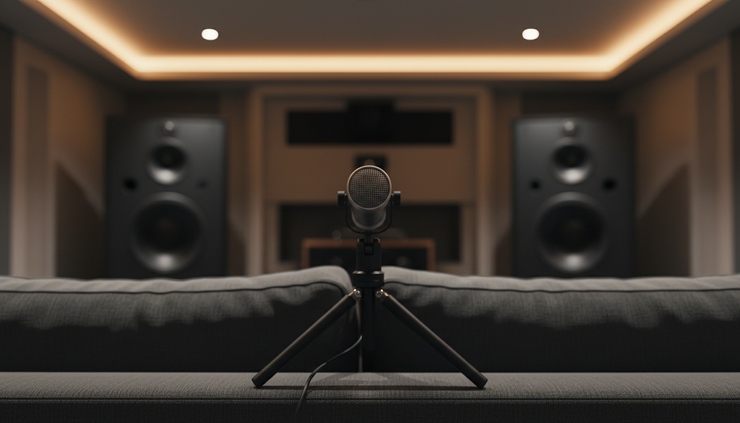 Close-up view of a calibrated measurement microphone on a tripod in front of a home theater sofa