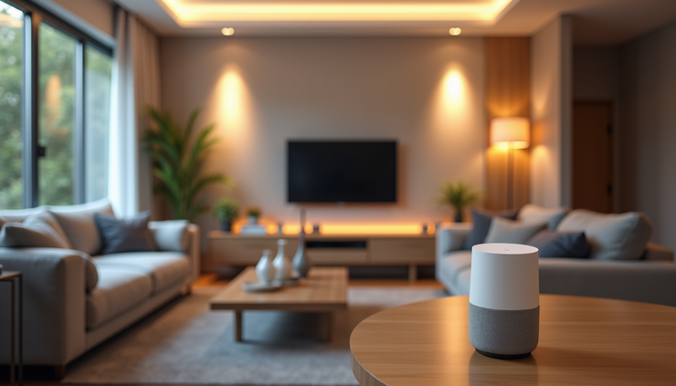 Eye-level view of a modern living room with integrated smart home devices