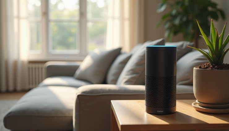Eye-level view of a modern living room with Alexa device on a side table