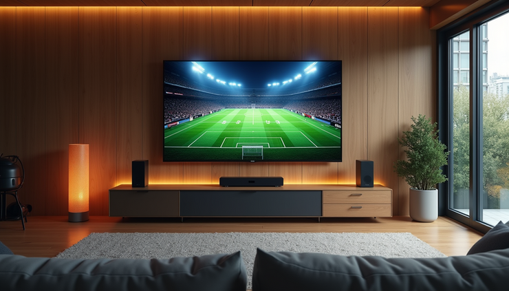 Eye-level view of a large living room with a 75-inch TV and surround sound speakers set up for a sports event
