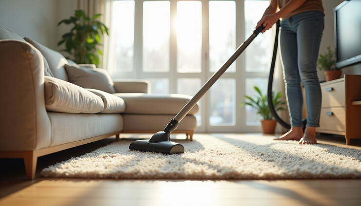 High angle view of a professional cleaner vacuuming a carpet in a rental property