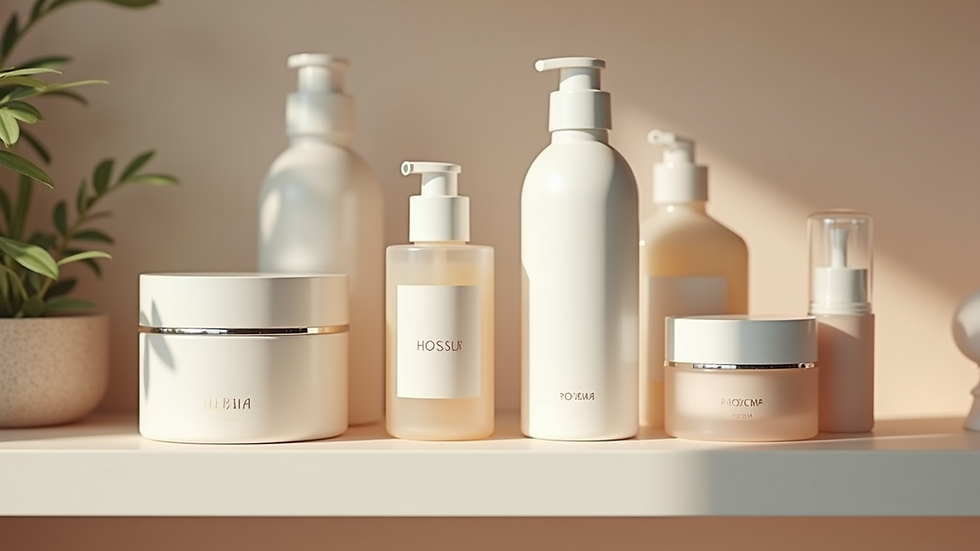 Eye-level view of skincare products arranged neatly on a shelf