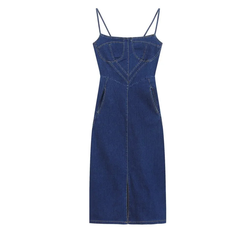 Elegant blue denim mid-calf dress with a vintage-inspired spaghetti strap silhouette.