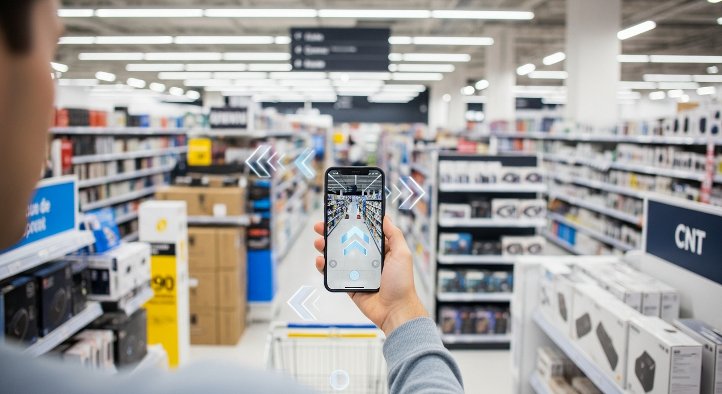 A customer navigating a store using AR guidance on a mobile device.