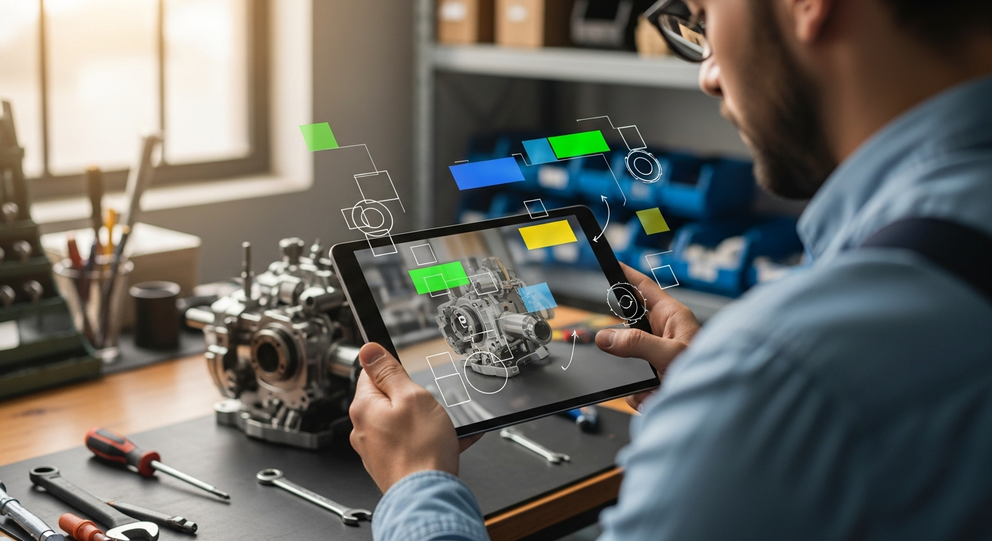 An employee using a tablet to view AR guidance over a real object, demonstrating how augmented reality overlays work.