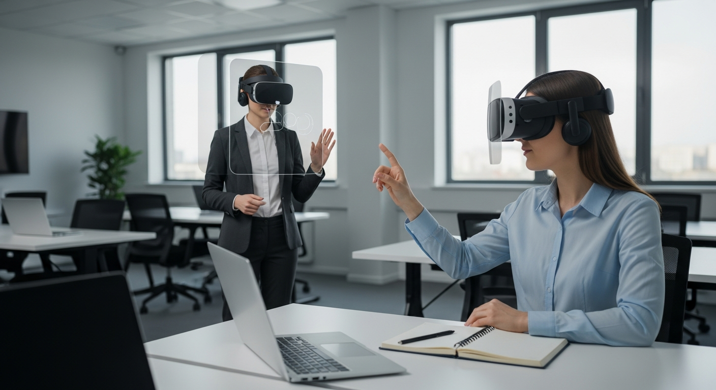An enterprise employee using mixed-reality headsets to interact with a digital human guide inside a realistic corporate workspace.