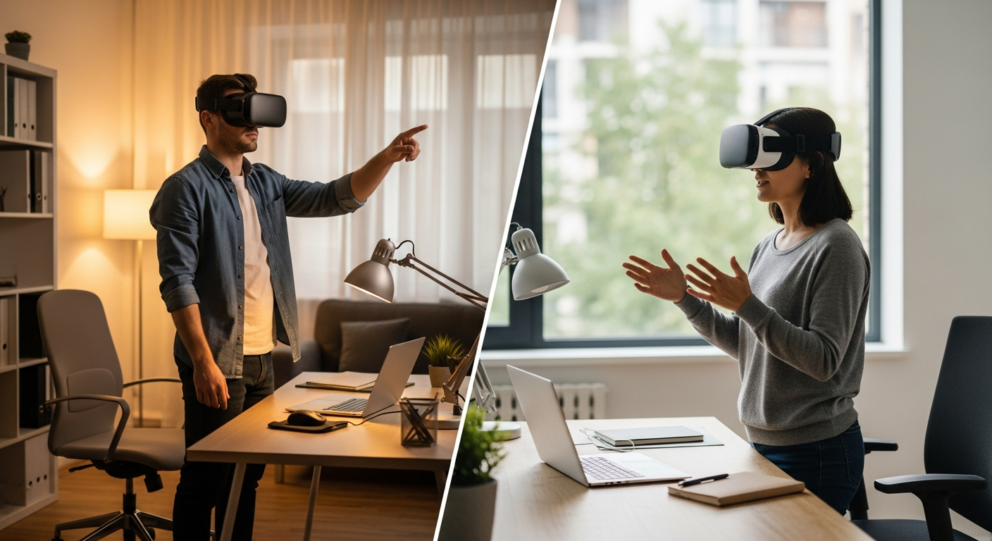 Two remote employees using VR headsets to collaborate inside the same virtual world despite being in different physical locations.