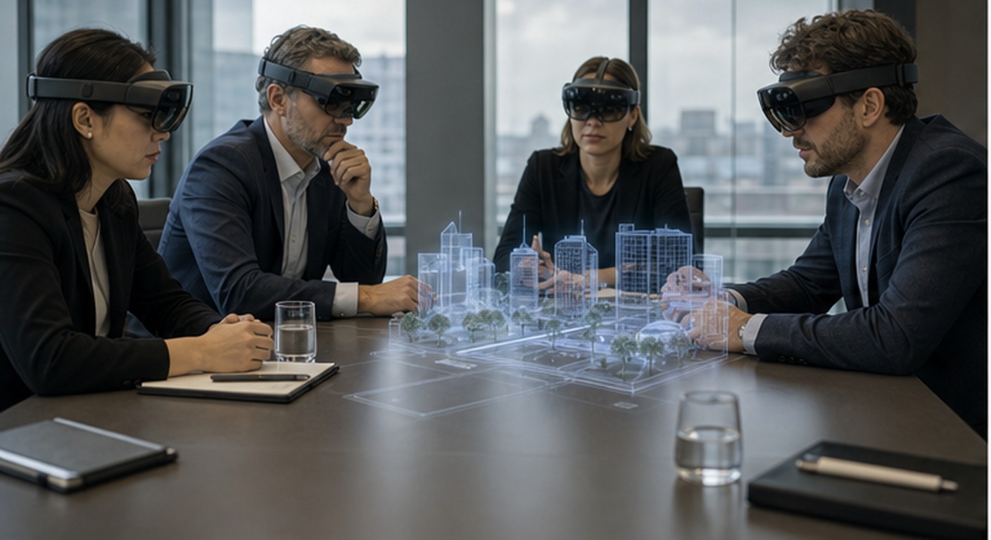 Leadership team reviewing a spatial computing pilot with XR headsets