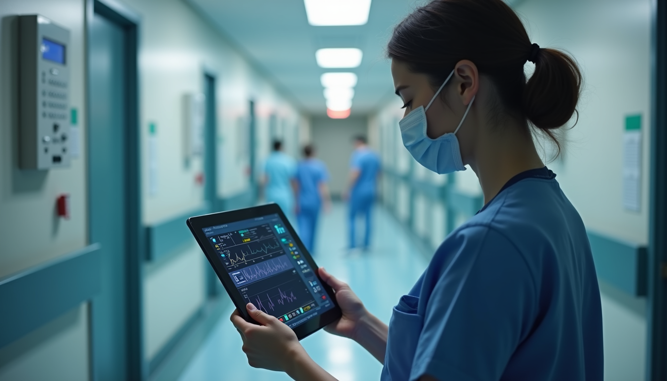 High angle view of a nurse using an augmented reality tablet to check patient vitals in a hospital ward