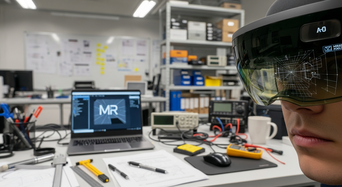 A user wearing a mixed reality headset with subtle spatial mapping reflections visible in the visor inside a real training lab.