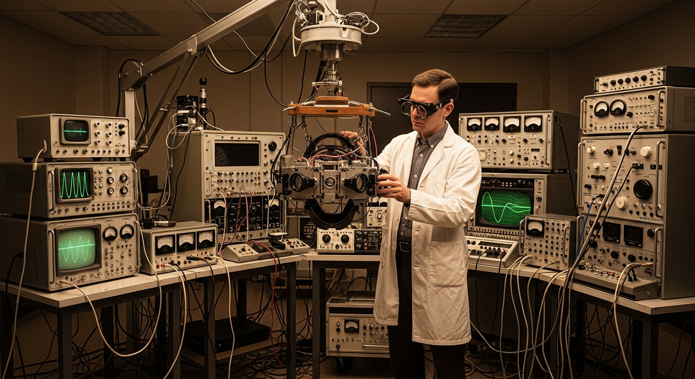 A lifelike 1960s lab scene showing an early mechanical VR headset prototype suspended from a frame