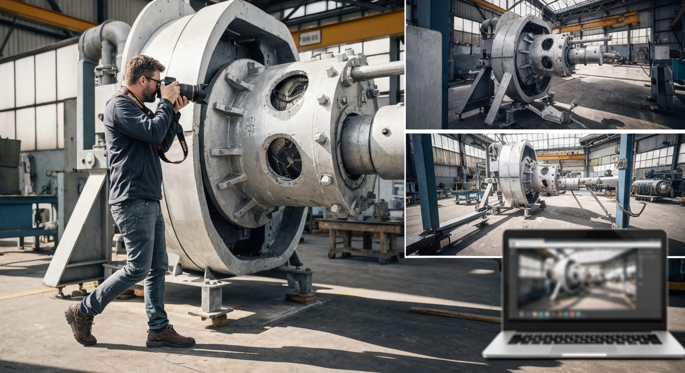 A technician photographing a real object from multiple angles as part of a photogrammetry scanning process.