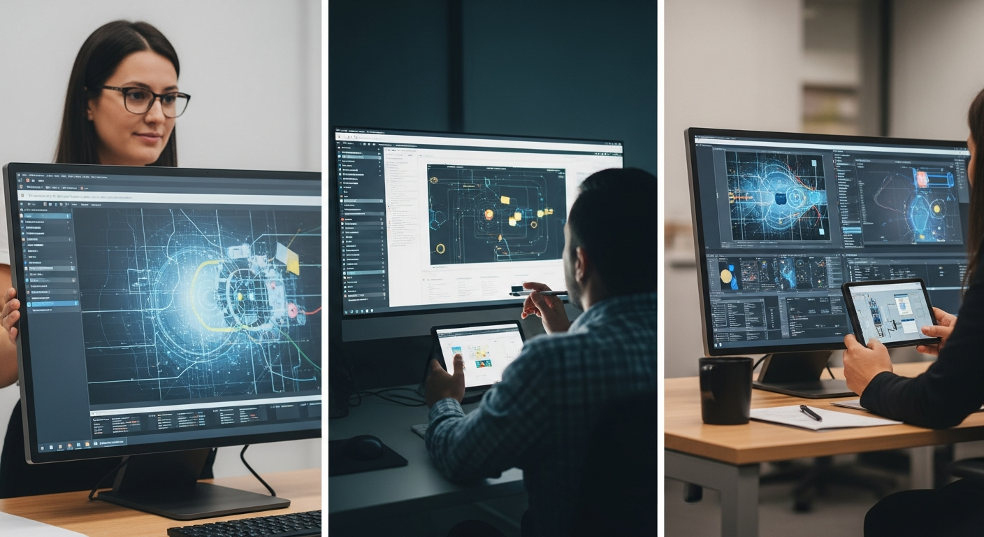 Realistic enterprise use cases of holograms through tablets, MR glasses, and desktop digital twins.