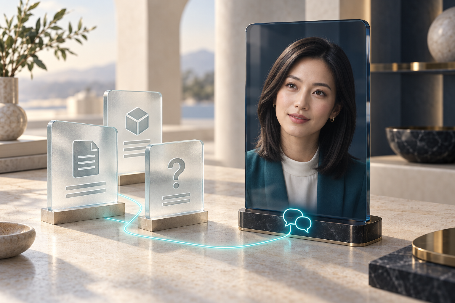 Female AI avatar connected by a teal light path to glass tiles representing documents, pro
