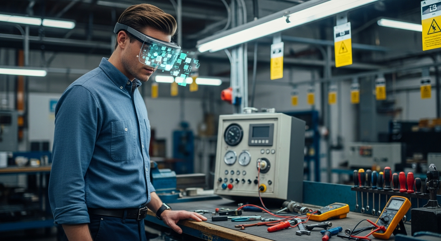 A worker viewing holographic information through an MR headset while operating real industrial equipment.