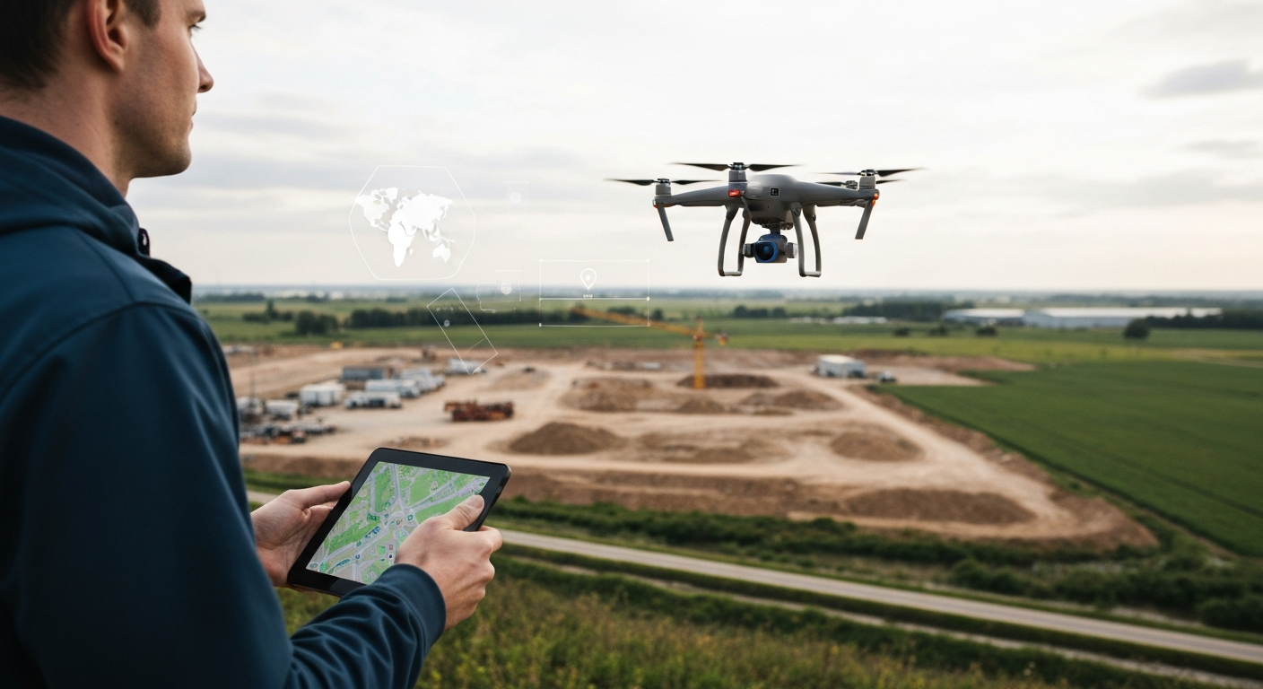 A drone capturing aerial photographs over a construction or industrial site for large-scale photogrammetry mapping.
