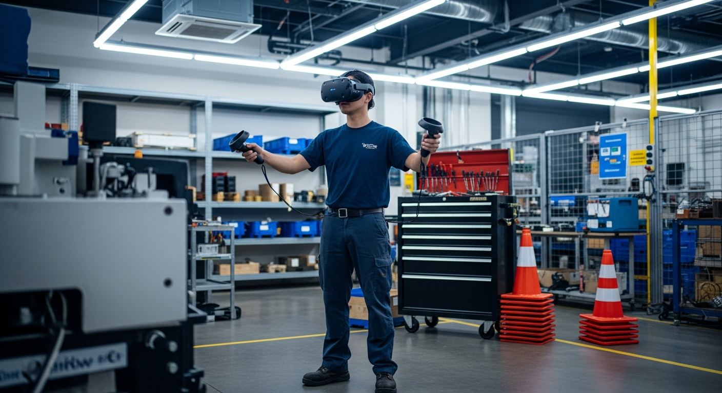 A worker inside an industrial training environment using VR gear to practice simulation-based learning safely.
