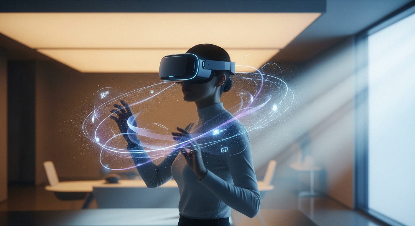 A photorealistic depiction of a user immersed in an XR experience with subtle holographic lighting and no text