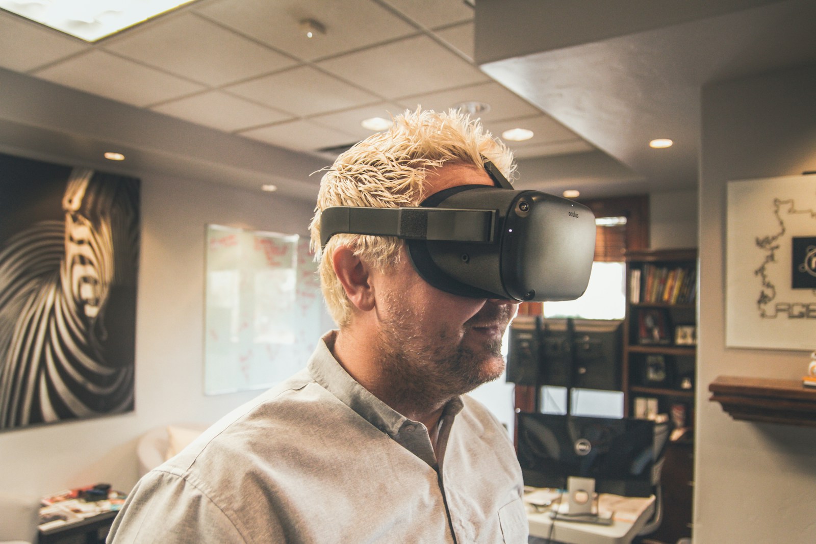 Employee using a virtual reality headset during an immersive workplace training program