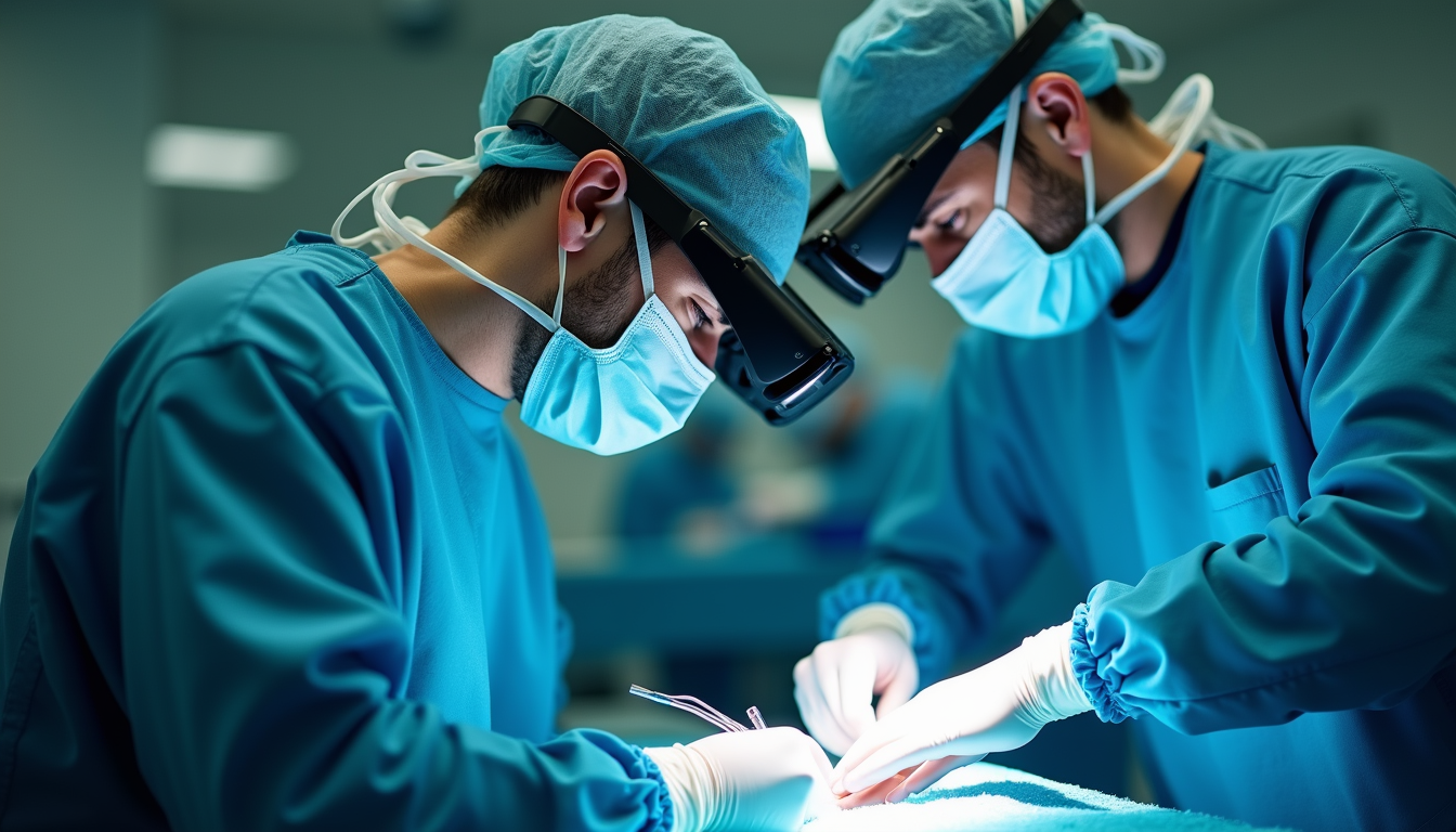 Eye-level view of a surgeon using augmented reality glasses during a complex operation