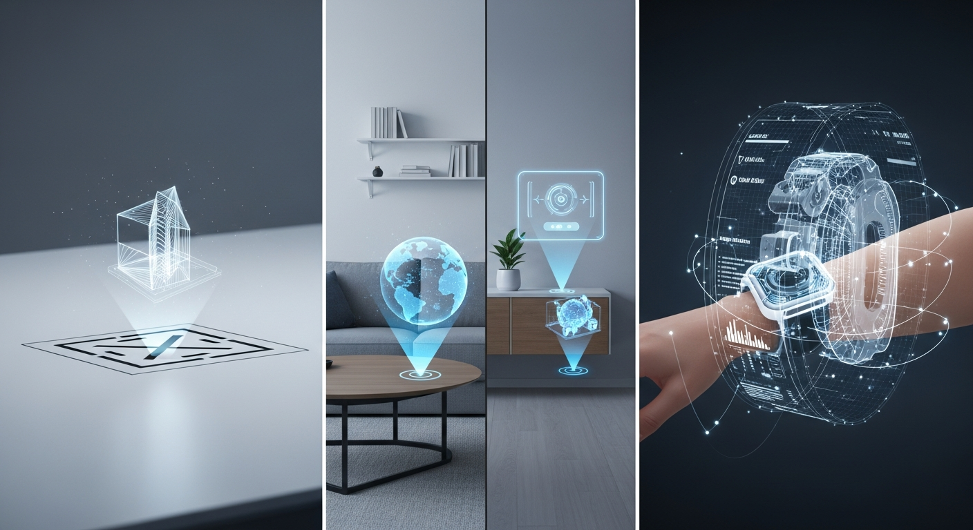 A three-part visualization showing marker-based AR, markerless AR, and superimposition AR through blended digital and real-world scenes.