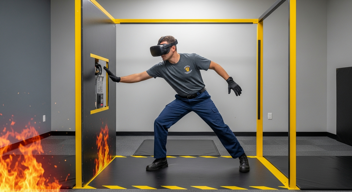 A trainee practicing high-risk emergency responses through VR inside a controlled, realistic training environment.