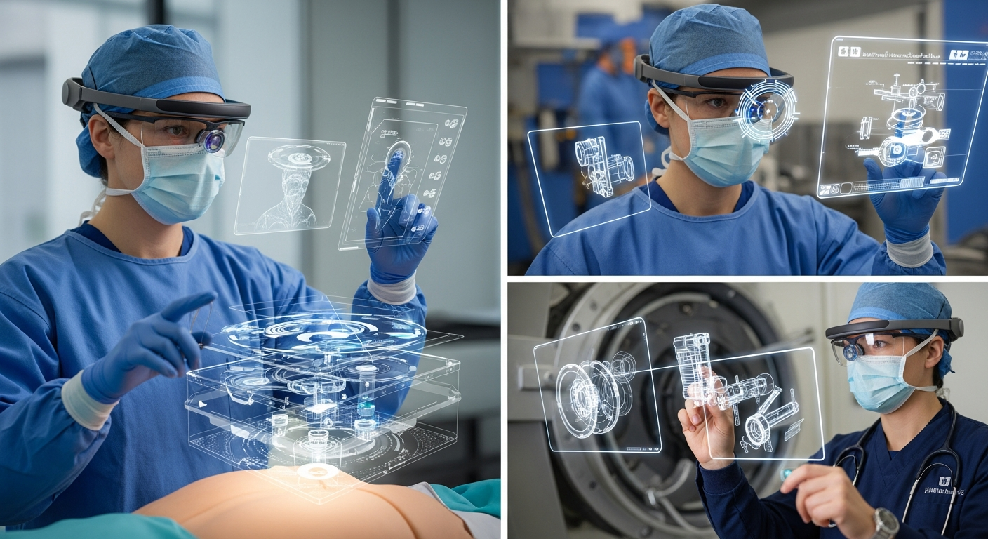 A professional using AR glasses to visualize holographic instructions and data in real time, representing enterprise AR for healthcare and industry.