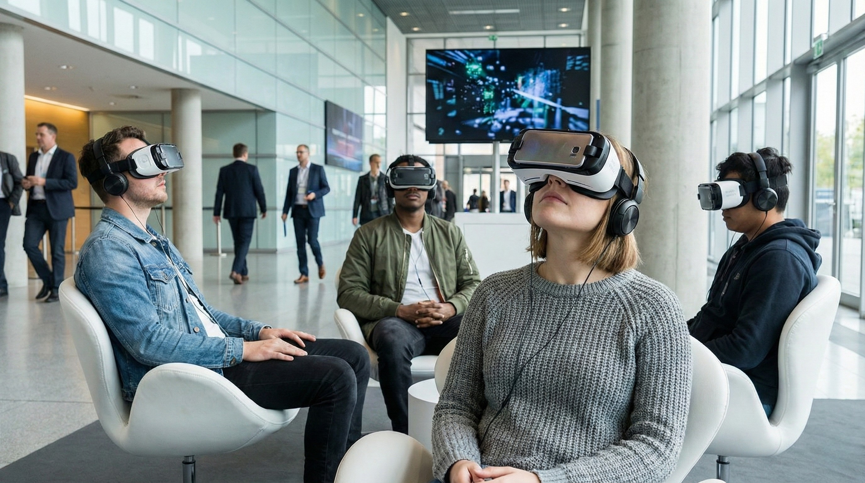 Conference attendees seated with VR headsets in an event lounge