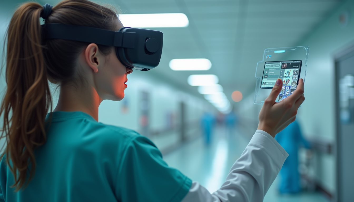 Close-up view of a medical professional using an AR headset to visualize patient data in a hospital room
