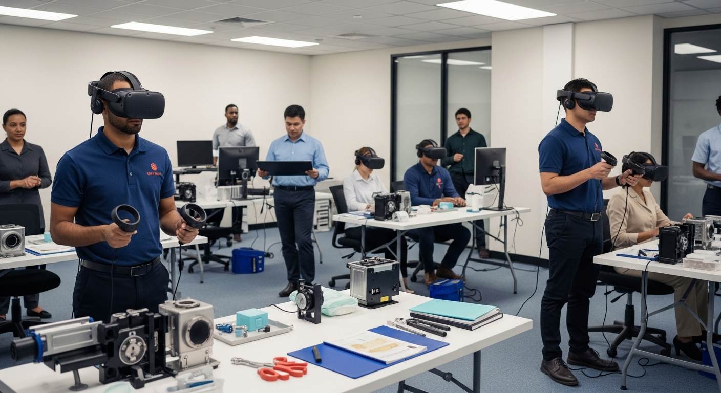 A real-world enterprise VR training lab with employees from multiple regions practicing skills inside standardized virtual modules.