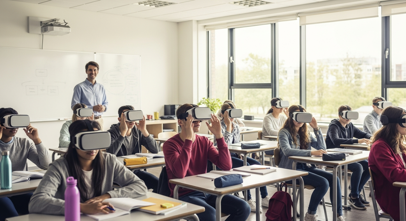 A modern classroom where students use VR headsets for immersive learning during a lesson.