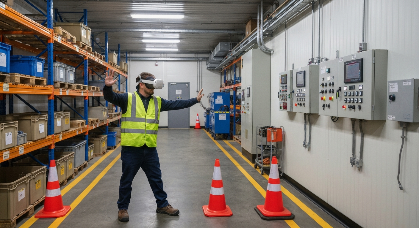 An industrial worker using VR equipment in a realistic safety training environment to practice simulation-based tasks.