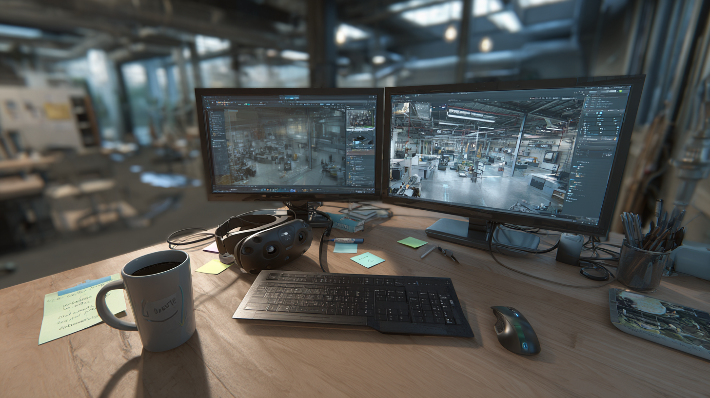 An XR developer working on a 3D virtual environment using real simulation and rendering tools.