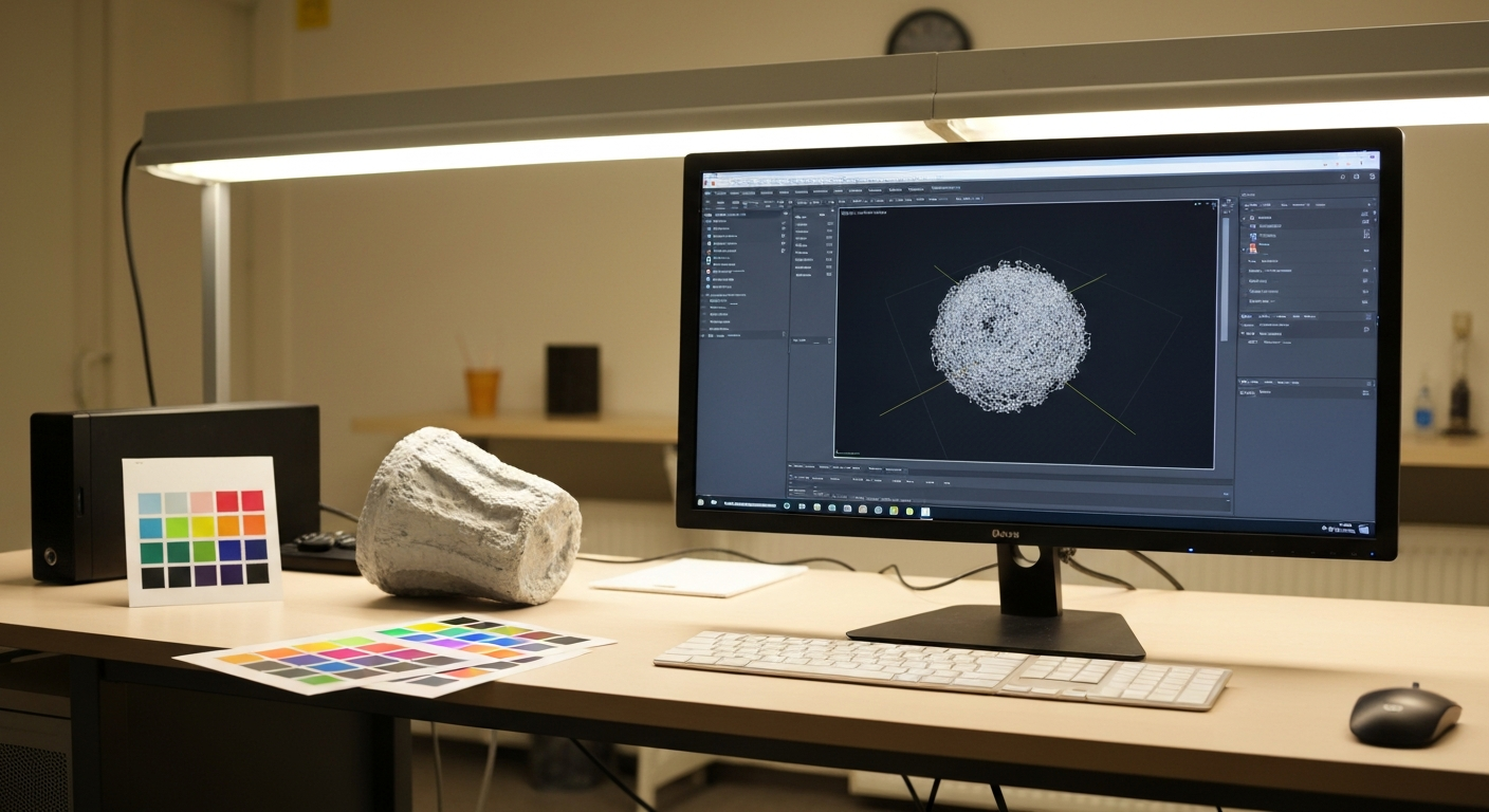 A workstation displaying a photogrammetry point cloud or 3D mesh from real-world captures, used in XR and digital twin development.
