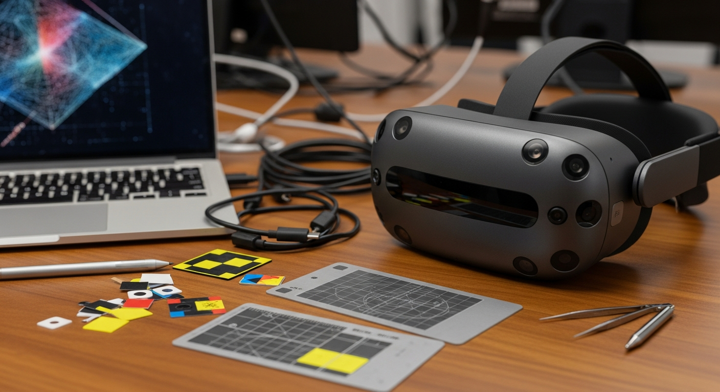 VR headset beside a laptop and calibration cards on a desk