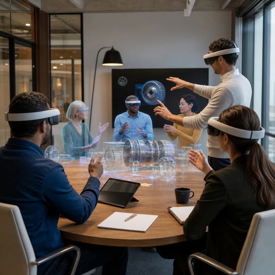New employees using XR headsets in an enterprise onboarding training room