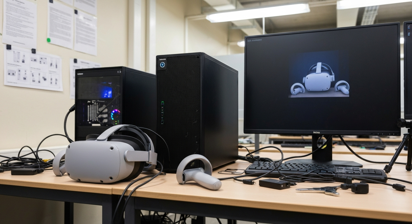 VR headset and controllers at a computer workstation
