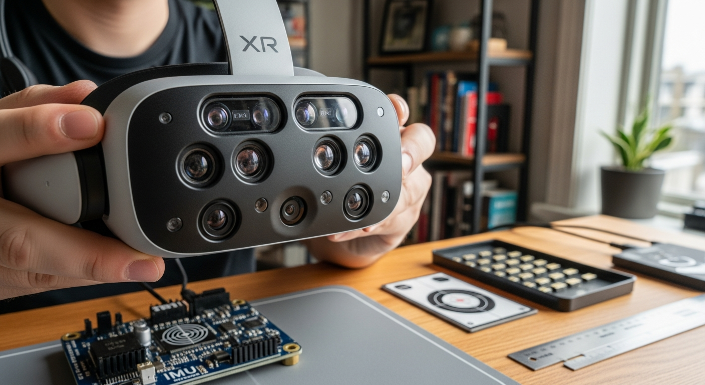 A detailed view of XR motion-tracking cameras and depth sensors used to perceive real-world environments.
