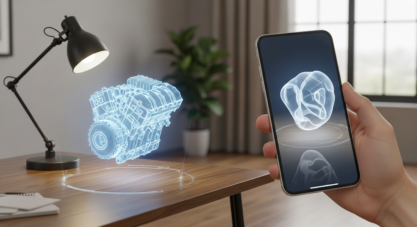 A handheld device overlaying a 3D holographic model onto a real physical surface, illustrating how AR maps and augments real environments.